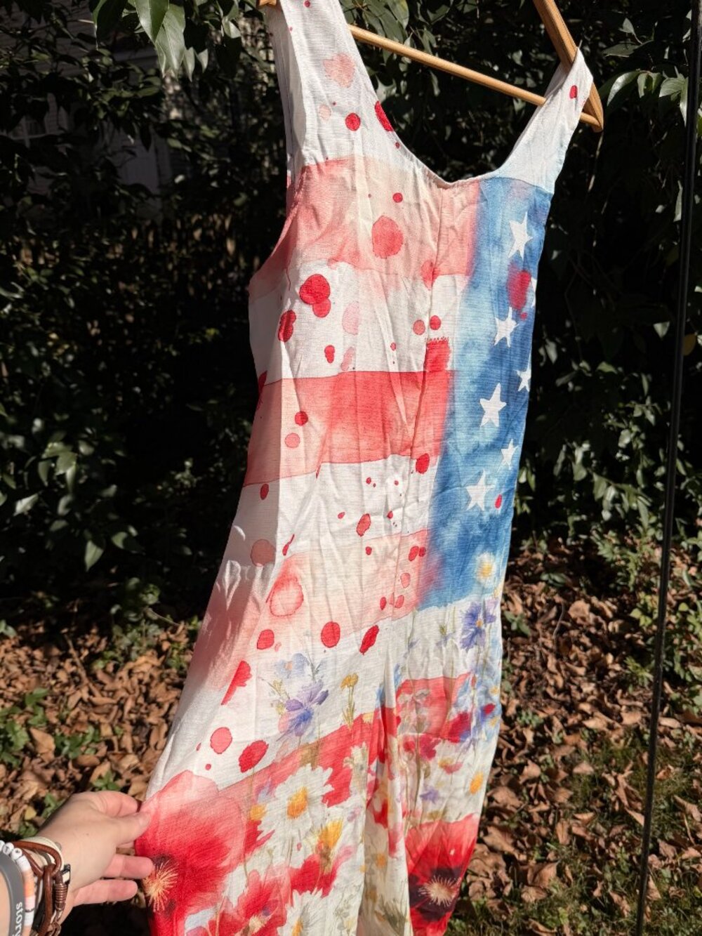 Patriotic Floral Boho Jumpsuit Women's L Red White Blue Wide Leg